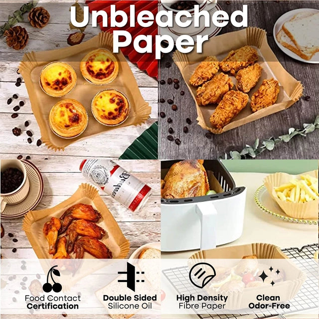 100 Pcs Size 6.3 Brown Airfryer Liners,  Liners Disposable Square Non-Stick Paper for Oven, Airfryers Oil Resistant Parchment Paper Waterproof - OneBag