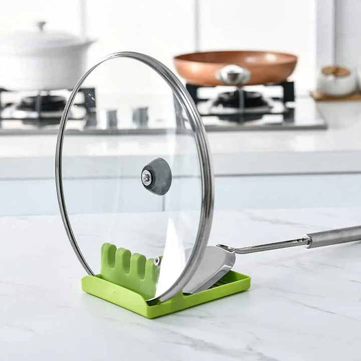 2 Pcs Green Silicone Spoon and Pan Cover Holder Rest