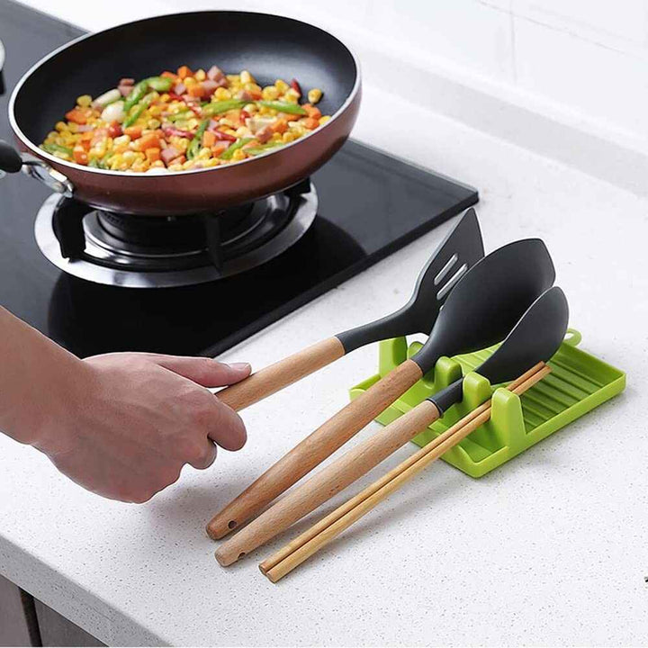 2 Pcs Green Silicone Spoon and Pan Cover Holder Rest
