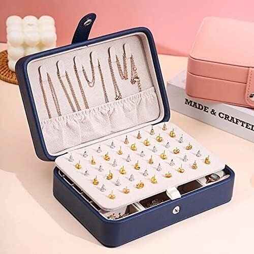 Small Travel Navy Jewellery Box Variety PU Leather,  Organiser for Rings, Necklace, Earrings, Headwear