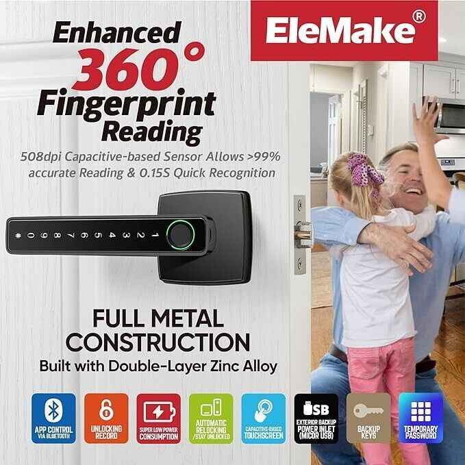 Smart Door Lock, Fingerprint Door Lock, Smart Lever Door Lock with Bluetooth APP Control