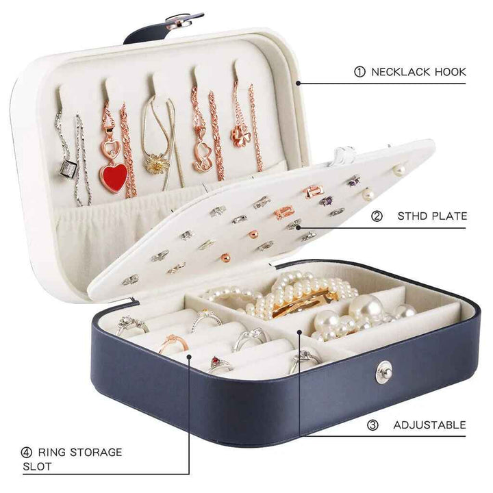Small Travel Navy Jewellery Box Variety PU Leather,  Organiser for Rings, Necklace, Earrings, Headwear