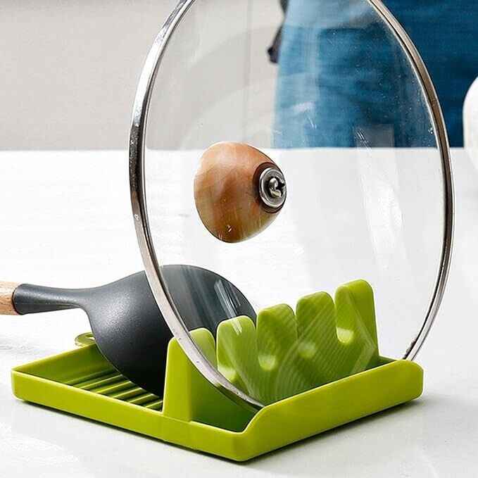 2 Pcs Green Silicone Spoon and Pan Cover Holder Rest