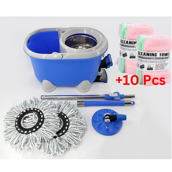 360 Spin Complete Mop Set With Foot Pedal Bucket 2 Mop Head for Floor & Free 10 Pcs Cleaning Cloth