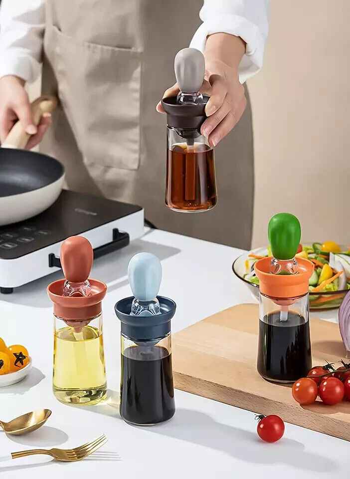 2 Pcs Glass Oil Dispenser Bottle  with Silicone Basting Brush for Cooking, Sauce, BBQ Grill