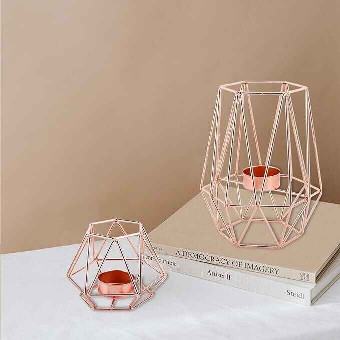 2 Pcs Rose Gold Metal Candle Holders for Modern Home Room Decoration