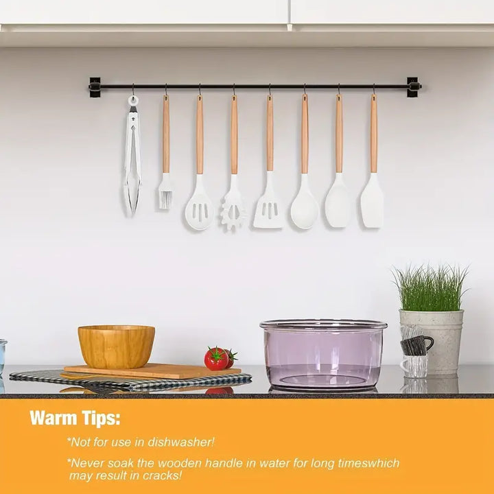 12 Pcs Non-Stick Silicone Cooking Utensils Spatula, Tong, Whisk Set  with Wooden Handle - OneBag
