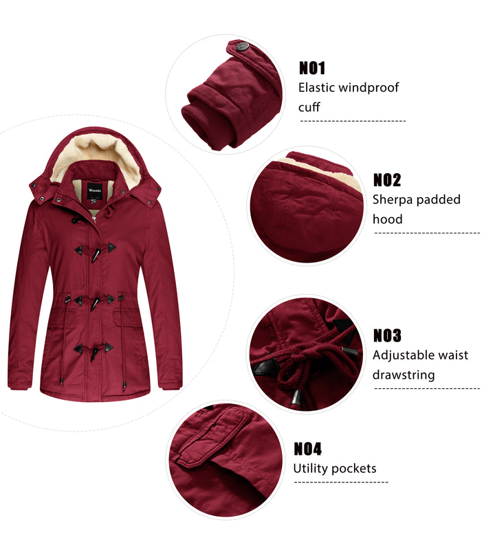Wantdo Women's Winter Military Cotton Jacket Hooded Outwear Coat Claret Size S - OneBag