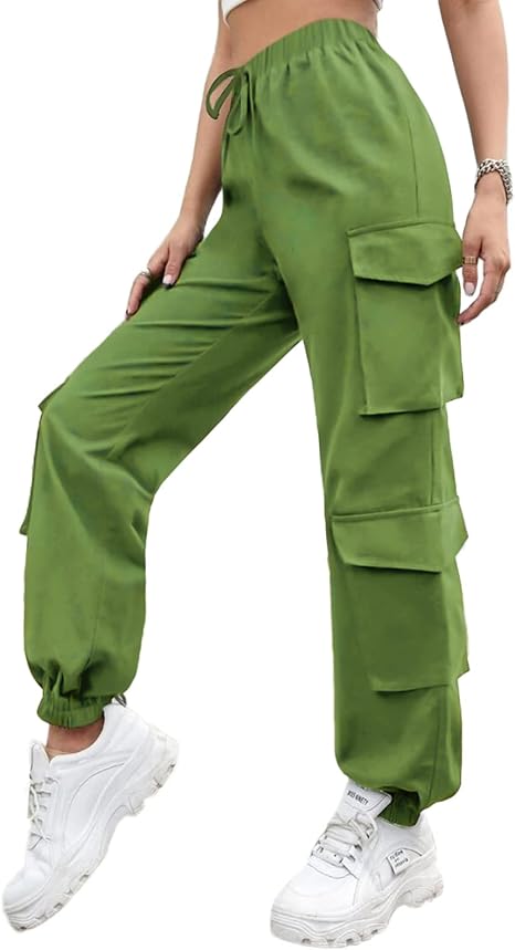 Green Petite Cargo Trousers, Women Elasticated High Waisted Cuffed Ankle Teen Girls Pants- S - OneBag