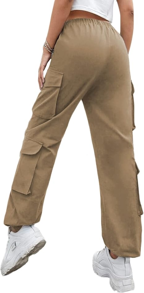 Khaki Petite Cargo Trousers, Women Elasticated High Waisted Cuffed Ankle Teen Girls Pants- XXL - OneBag