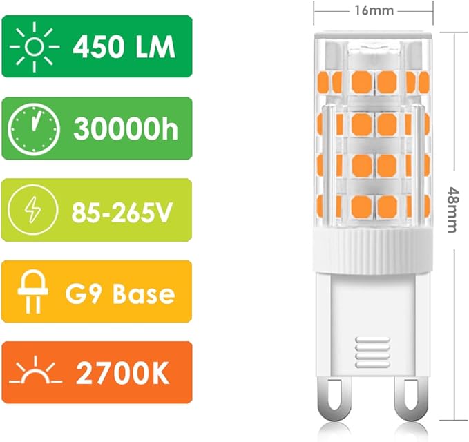 5 Pcs G9 LED Bulbs, 5W 450LM (Equivalent to 40W Halogen), 2700K Warm White, AC 85-265V Wide Voltage, 360° Beam Angle, Non-Dimmable Energy Saving G9 Light Bulbs - OneBag