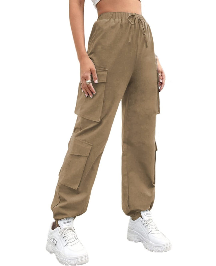 Khaki Petite Cargo Trousers, Women Elasticated High Waisted Cuffed Ankle Teen Girls Pants- XXL - OneBag