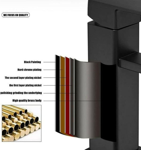 Black Basin Taps, Square Mono Faucet Bathroom Sink Taps, Sink Counter Waterfall Tap