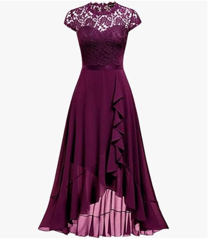 Women's Elegant Lace Chiffon Formal Evening Dresses Ruffle Bridesmaid Maxi Dress- M - OneBag