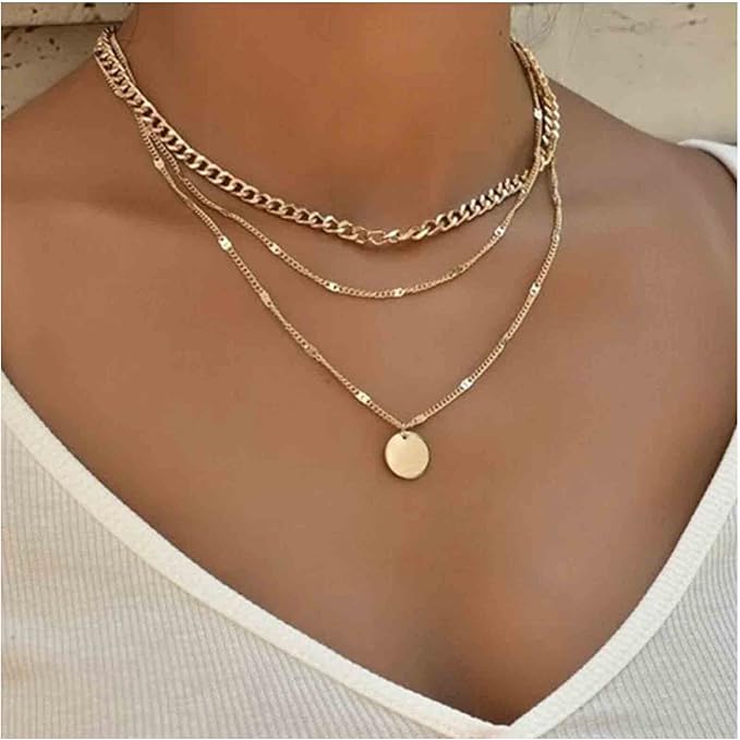 Boho Layered Disc Necklace Choker Gold Coin Pendant Vintage Multilayer Necklace for Women - OneBag