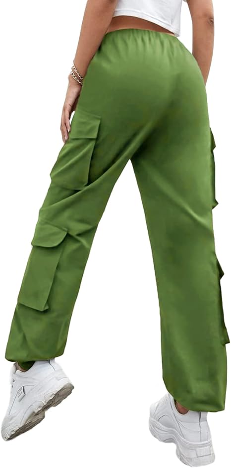 Green Petite Cargo Trousers, Women Elasticated High Waisted Cuffed Ankle Teen Girls Pants- S - OneBag