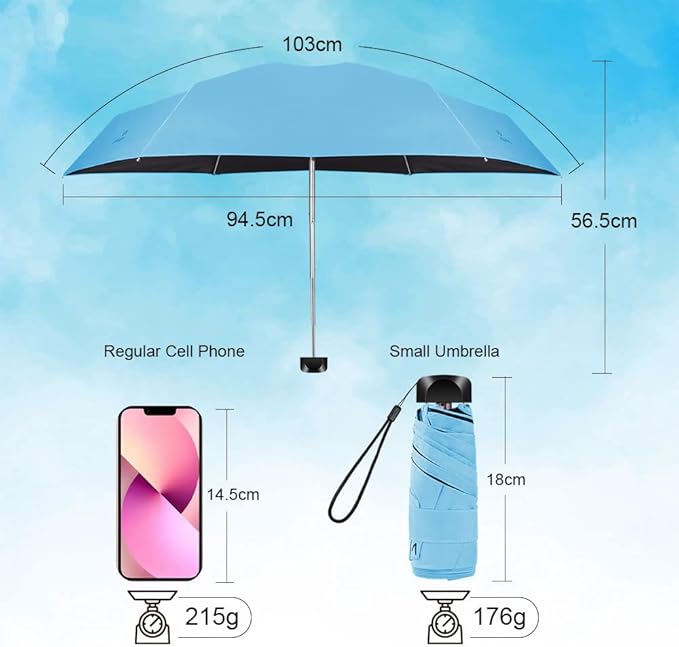 Blue Vicloon Mini Travel Umbrella, Pocket Umbrella Foldable compact with Flat Handle, 6-Rib Light-Weight Waterproof Sturdy and Portable Umbrella - OneBag