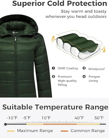 Wantdo Women's Hooded Jackets Packable Lightweight Down Jacket Windproof Long XL - OneBag