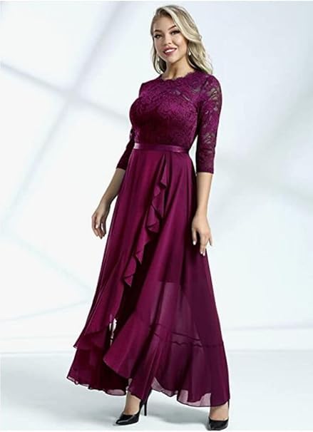 Women's Elegant Lace Chiffon Formal Evening Dresses Ruffle Bridesmaid Maxi Dress- M - OneBag