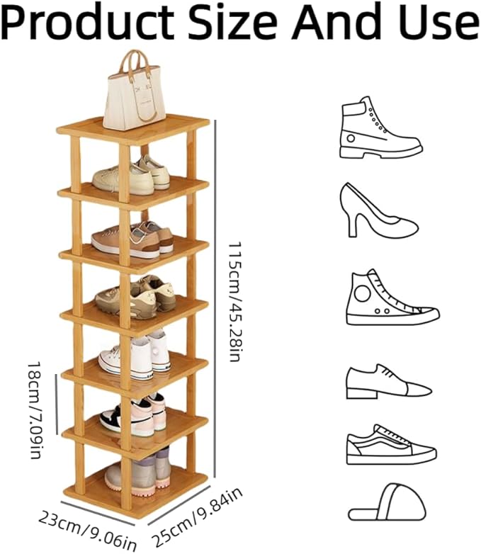 7 Tier Shoe Rack, Shoe Racks Storage, Natural Bamboo Shelf Vertical Narrow Shoe Racks - OneBag