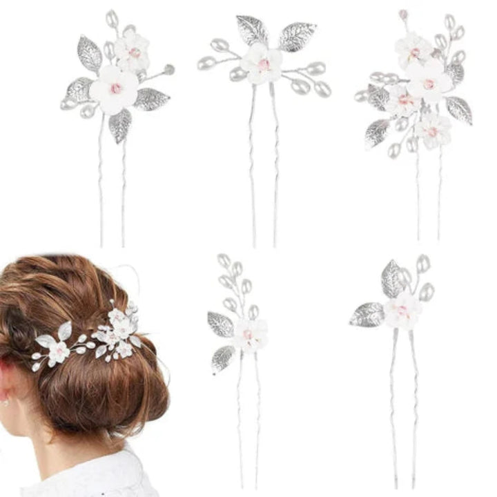 5 Pcs Silver Bride Wedding Flower Hair Pins, Elegant Pearl Hair Pins, Rhinestone Bridesmaid Hair Pieces - OneBag