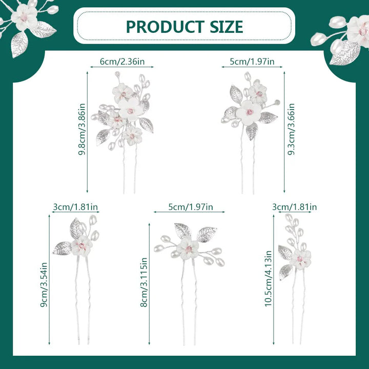 5 Pcs Silver Bride Wedding Flower Hair Pins, Elegant Pearl Hair Pins, Rhinestone Bridesmaid Hair Pieces - OneBag