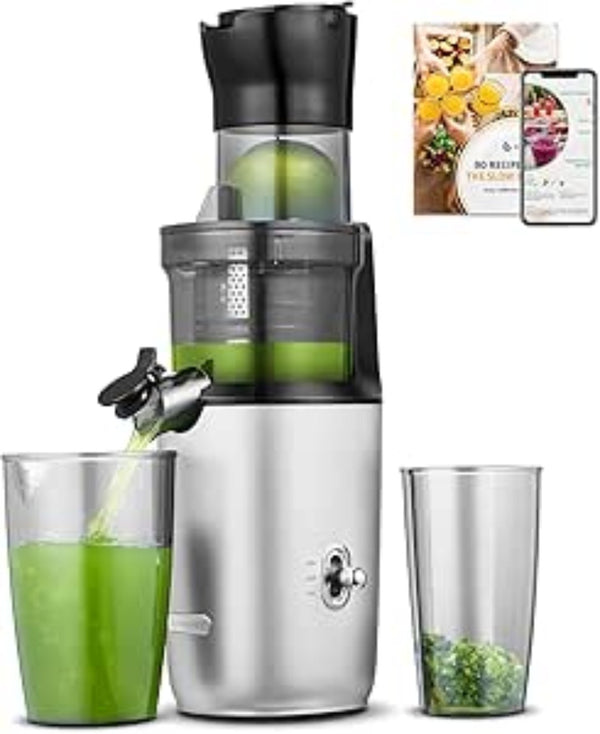 AMZCHEF Silver Whole Fruit Juicer Machines, 80MM Diameter Slow Masticating Juicer, Powerful Cold Press Juicers with Upgrade Auger- 312