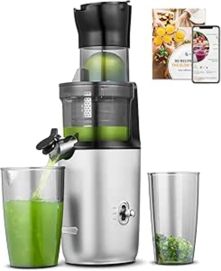AMZCHEF Silver Whole Fruit Juicer Machines, 80MM Diameter Slow Masticating Juicer, Powerful Cold Press Juicers with Upgrade Auger- 312 - OneBag