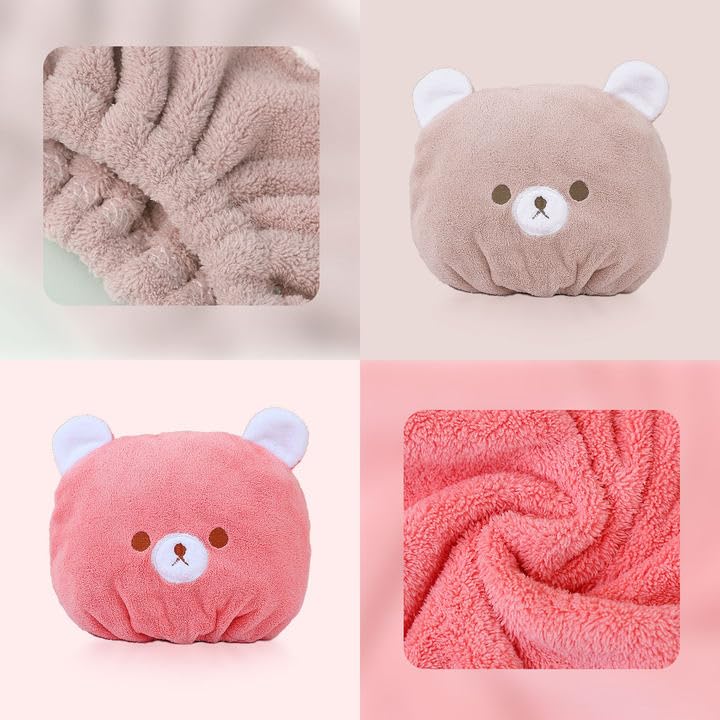 2 Pcs Pink Brown Bath Caps, Super Absorbent Turban Hair Towel Cap - OneBag