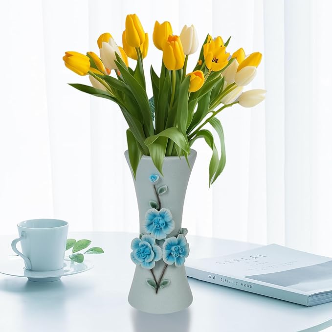 Decorative Blue Vase for Flower for Modern or Rustic Home Decor, Handcaft 3D Embossed Floral Design - OneBag