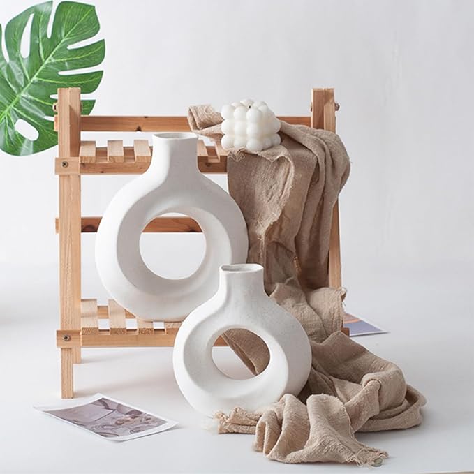 Matte White O-Shape Porcelain Ceramic Vase for Flowers, Modern Home Décor - OneBag