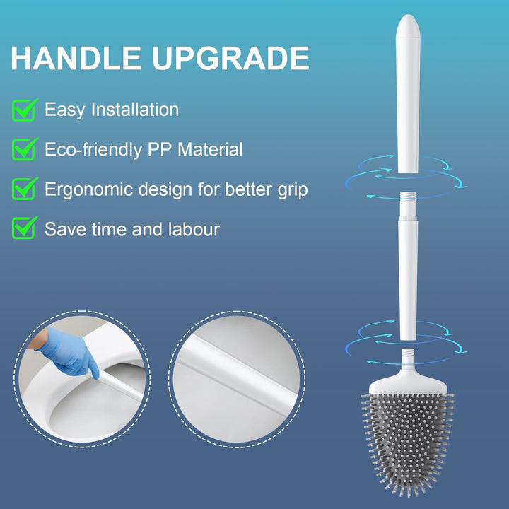 2 Pcs Silicone Toilet Brush and Holder Set with Long Non-Slip Handle for Bathroom, Wall Mounted & Floor Type - OneBag
