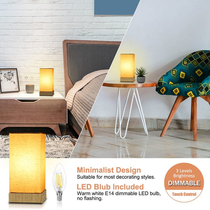 2 Pcs Night Light LED Touch Dimmable Wooden Base Bedside Lamp - OneBag