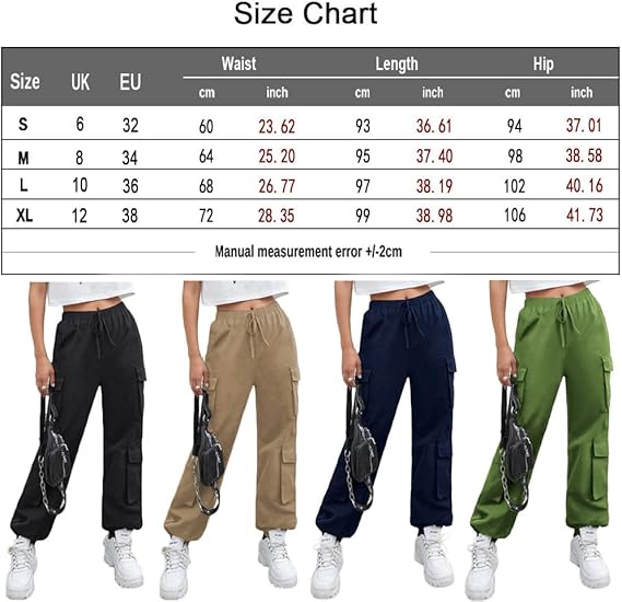 Green Petite Cargo Trousers, Women Elasticated High Waisted Cuffed Ankle Teen Girls Pants- S - OneBag