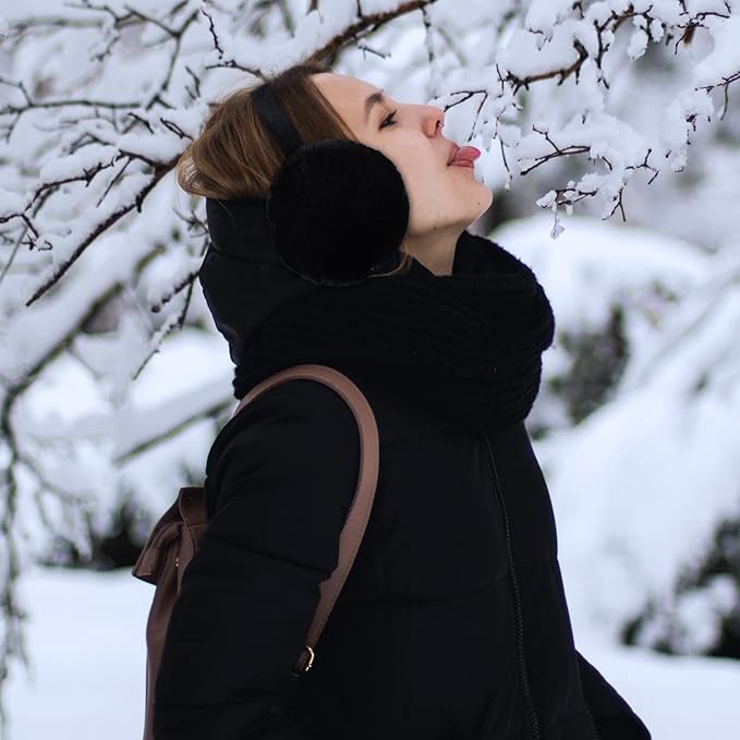 Black Winter Ear Muffs, Foldable Black Ear Muffs, Plush Earmuffs - OneBag