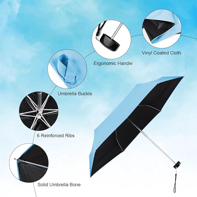 Blue Vicloon Mini Travel Umbrella, Pocket Umbrella Foldable compact with Flat Handle, 6-Rib Light-Weight Waterproof Sturdy and Portable Umbrella - OneBag