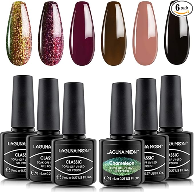 6 Pcs Lagunamoon Gel Nail Polish Sets, UV LED Soak Off Lacquer Kit Varnish Manicure & Pedicure - OneBag