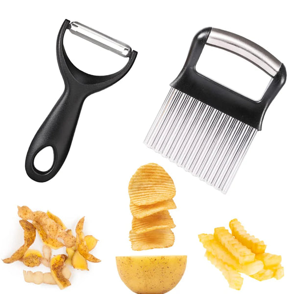 2 Pcs Stainless Steel Potato Crinkle Cutter Knife Set and Peeler