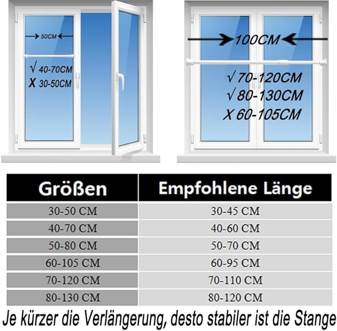 2 Pcs White Extendable Curtain Poles, No Drilling Spring Tension Rod, Adjustable Net Curtain Rods for Kitchen, Cupboard, Window, Bookshelf, Diameter: 13mm - OneBag