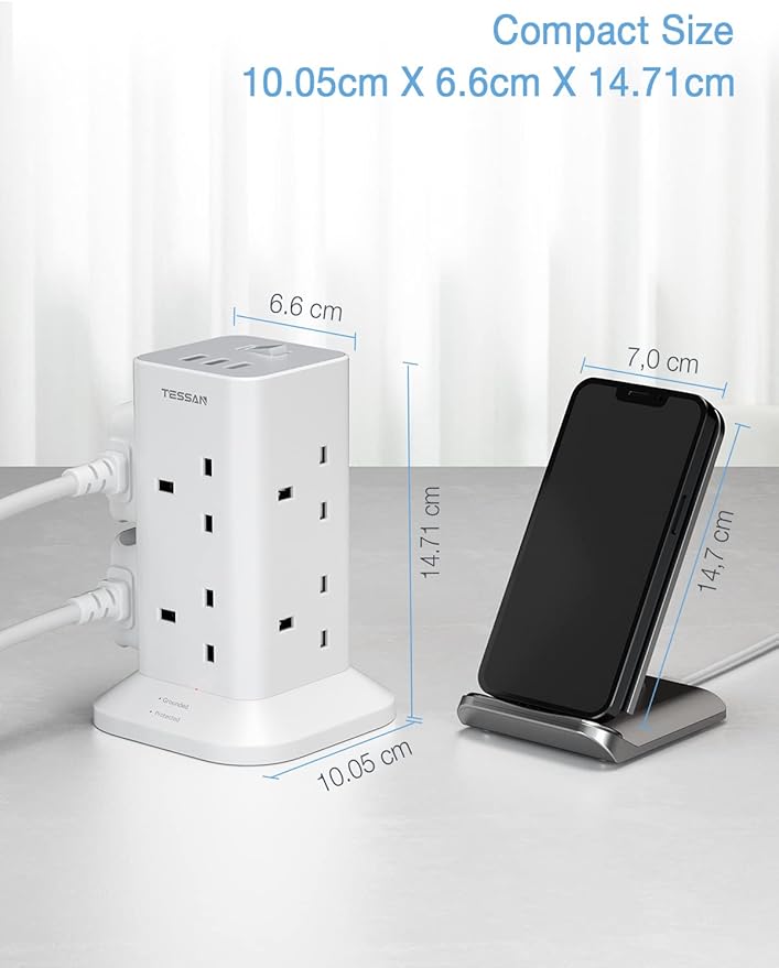 Tower Extension Lead 3M with 3 USB Slots, TESSAN Extension Cable 8 Way Multi Socket Plug with Switch, Surge Protected Power Strip for Home, Office, Kitchen Supplies - OneBag