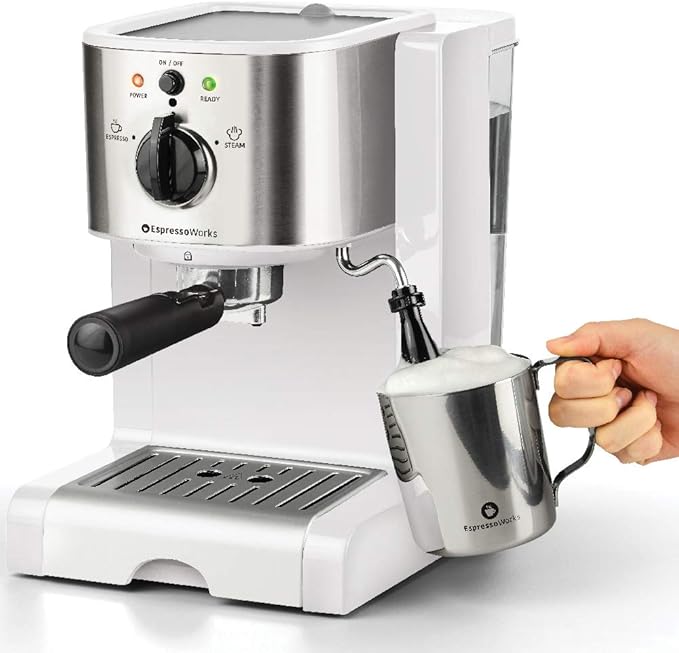 7 Pcs White All-in-One Espresso & Cappuccino Maker Machine, Barista Bundle Set w/Built-in Steam Wand - OneBag