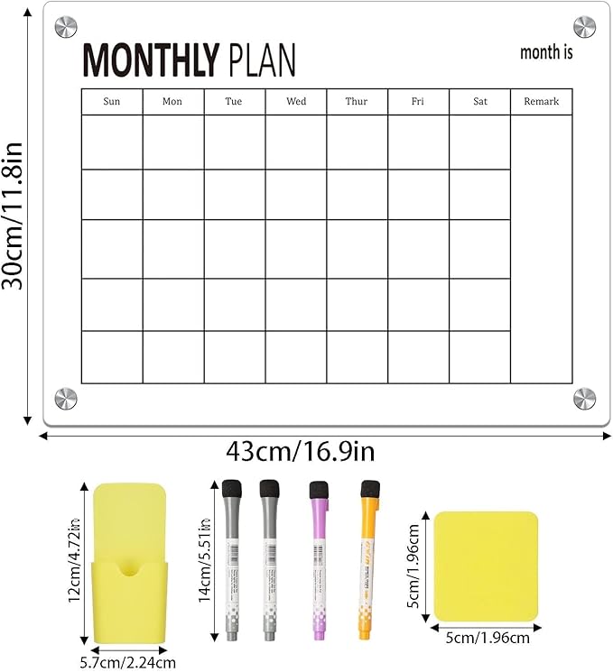 17in x 12in Monthly Planner Whiteboard Set, Acrylic Dry Erase Board Refrigerator Whiteboard, Daily Meal Planner - Includes Full Mounting Kit - OneBag