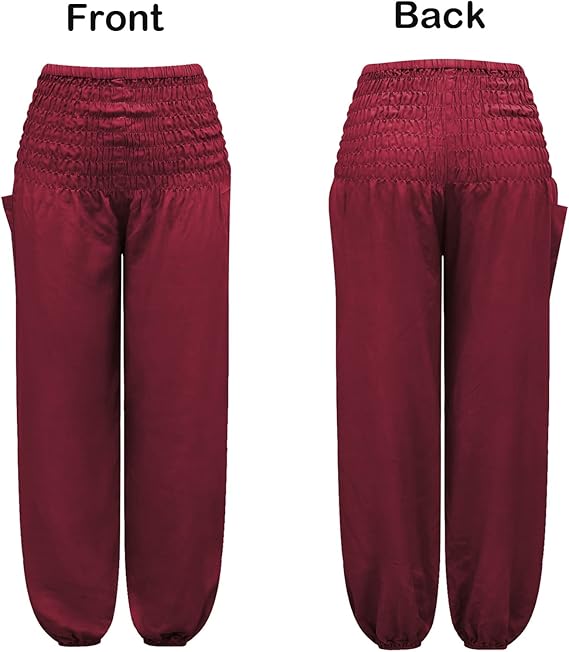 Women Red Hippie Harem Trousers, Plain Elasticated Waist Bottoms Boho Lounge Yoga Pants- S - OneBag