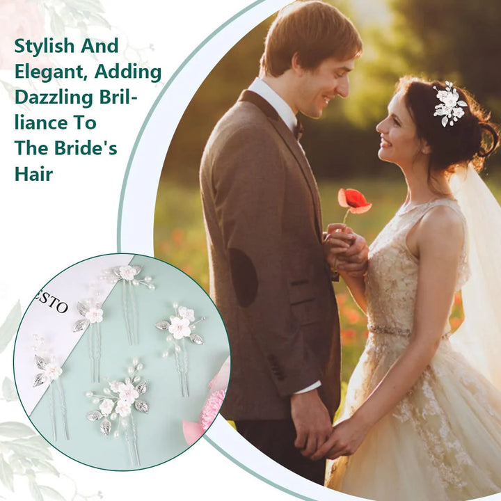 5 Pcs Silver Bride Wedding Flower Hair Pins, Elegant Pearl Hair Pins, Rhinestone Bridesmaid Hair Pieces - OneBag