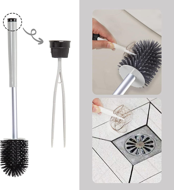 Silicone Toilet Brush and Holder Set with Long Non-Slip Handle for Bathroom, Wall Mounted & Floor Type - OneBag
