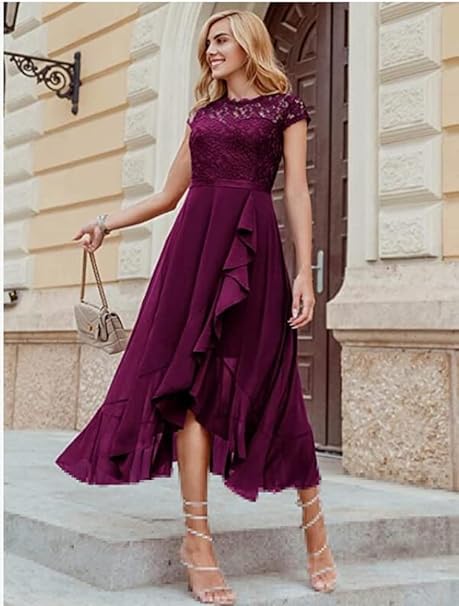 Women's Elegant Lace Chiffon Formal Evening Dresses Ruffle Bridesmaid Maxi Dress- M - OneBag