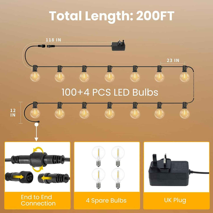 Outdoor String Lights 200ft Mains Powered Garden Festoon Lights Warm White
