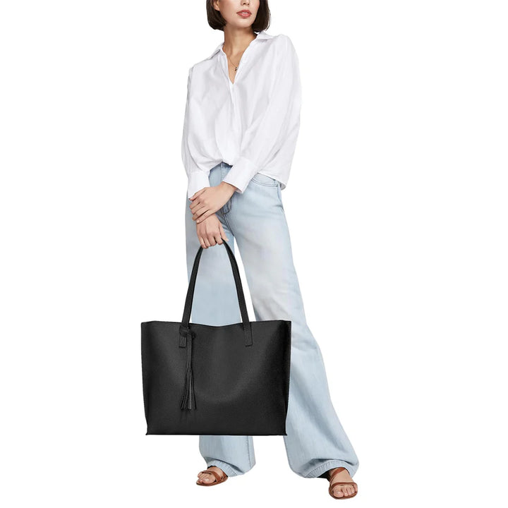 Leather Tote Bag, Women handbag with big capacity, PU leather tote black. - OneBag