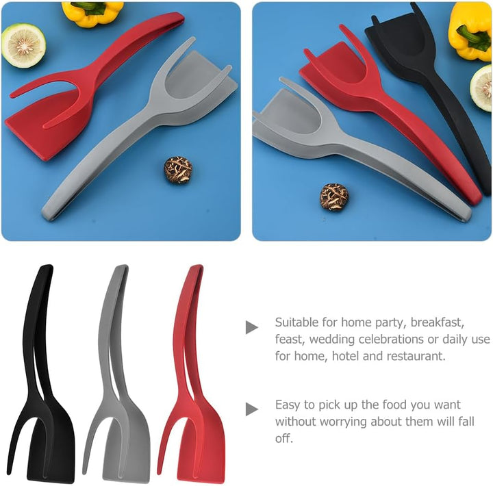 3 Pcs of 2 in 1 Silicone Grip and Flip Tongs Spatula Kitchen - OneBag