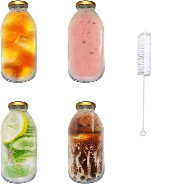 4 Pcs 500ml Empty Reusable Glass Bottles with Lids with Gold Lids for Beverages, Juice, Milk